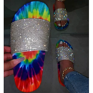women rainbow rhinestone slippers slides tie dye ladies diamond sandals women colorful slippers rainbow slides