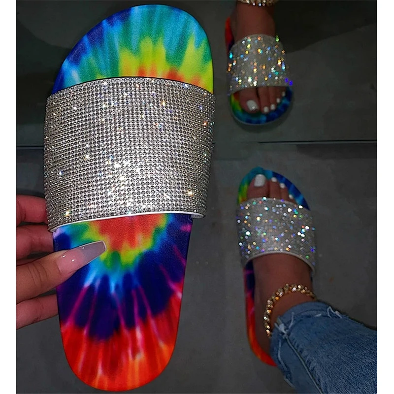 women rainbow rhinestone slippers slides tie dye ladies diamond sandals women colorful slippers rainbow slides