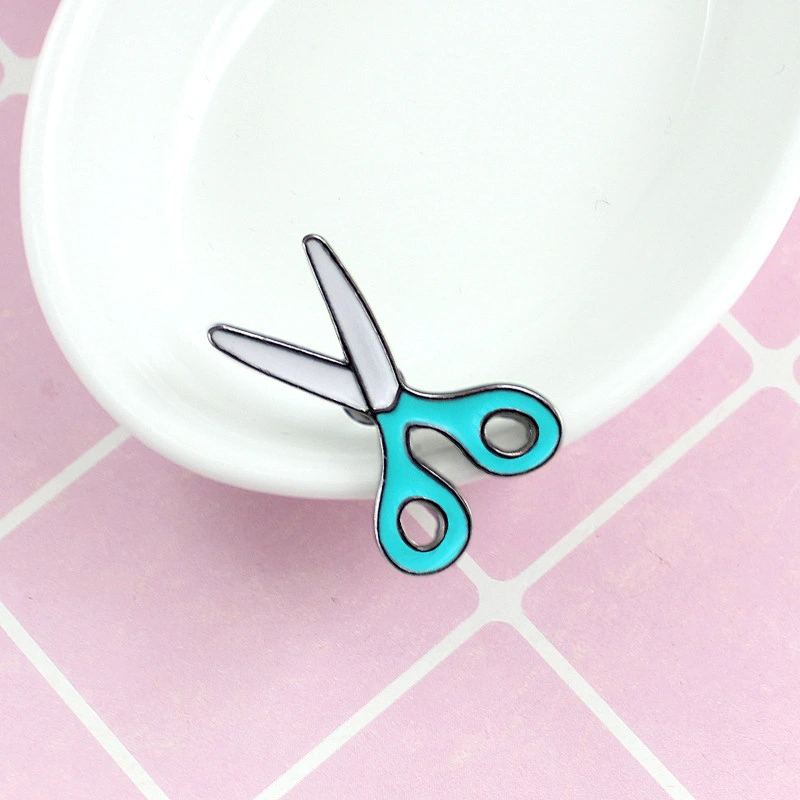 Custom Cute Enamel Llue and White Scissors Lapel Pin Brooch