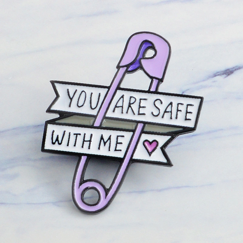 Wholesale In Stock YOU ARE SAFE WITH ME Purple Safety Pin Design Enamel Brooch Lapel Pin