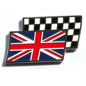 Enamelled metal Chequered Flag with Union Flag badge WIth Metal Clutch