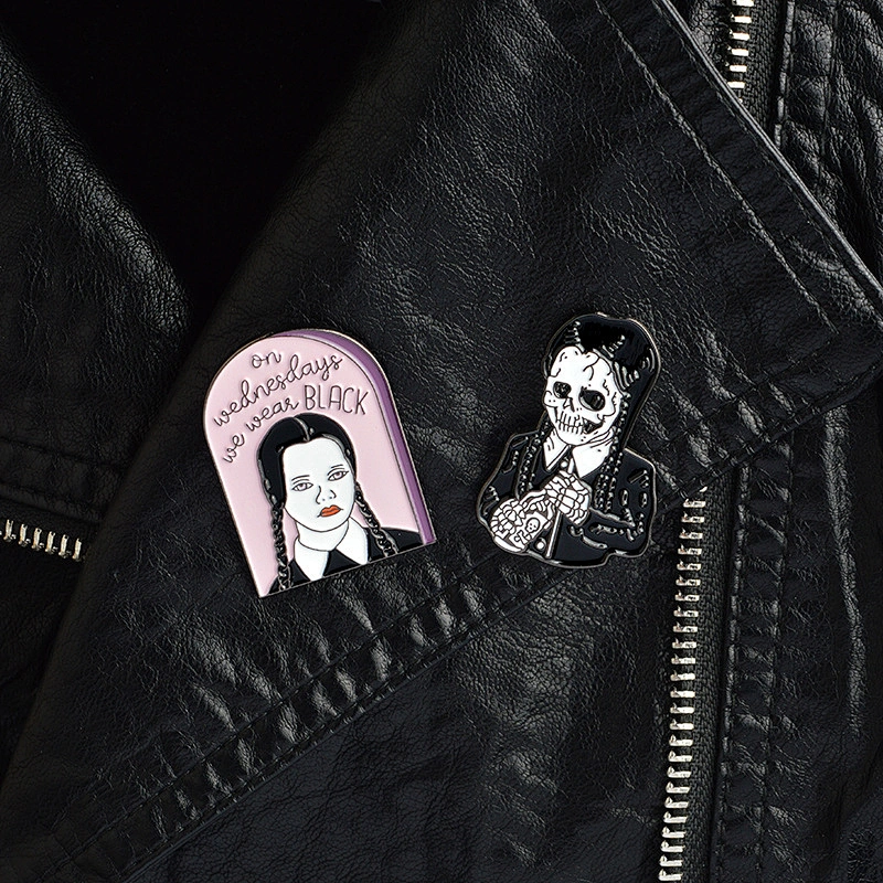 Wholesale Gothic Wednesday Addams Family Campy Skull Enamel Brooch Pin Badge