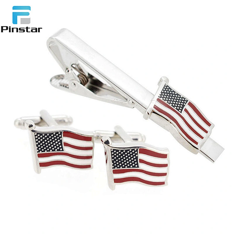 2018 Hot Selling Engraved American Flag Matching Cufflinks Tie Bar Clips