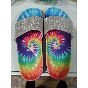 women rainbow rhinestone slippers slides tie dye ladies diamond sandals women colorful slippers rainbow slides