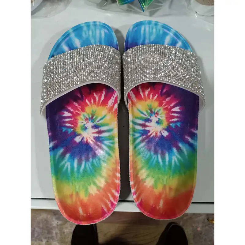 women rainbow rhinestone slippers slides tie dye ladies diamond sandals women colorful slippers rainbow slides