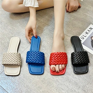 Flat bottom slippers women's knitting summer new fashion square head floor stand wear a word of cool drag and match with Korean
