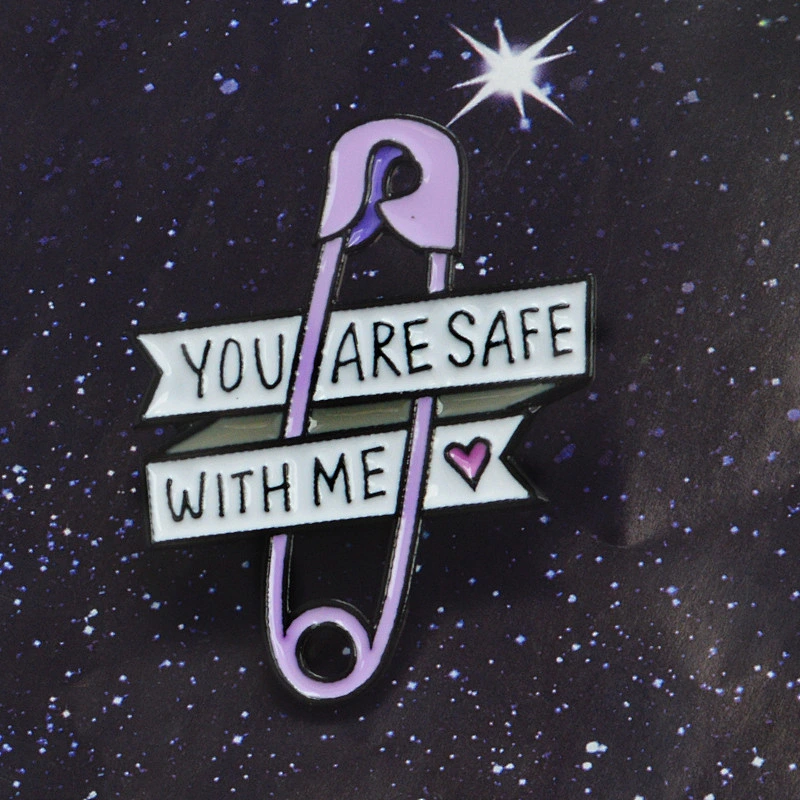Wholesale In Stock YOU ARE SAFE WITH ME Purple Safety Pin Design Enamel Brooch Lapel Pin