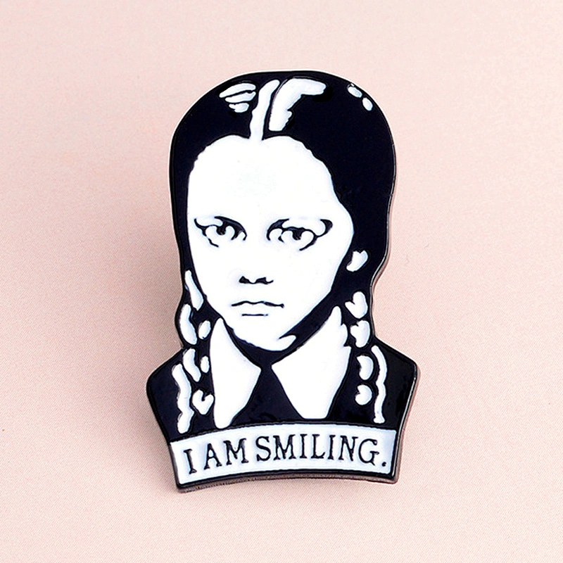 Wholesale Gothic Wednesday Addams I AM SMILING Brooch Badge Custom Black White Girl Soft Enamel Pin
