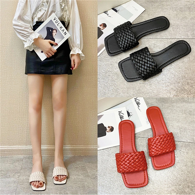 Flat bottom slippers women's knitting summer new fashion square head floor stand wear a word of cool drag and match with Korean
