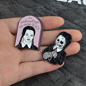 Wholesale Gothic Wednesday Addams Family Campy Skull Enamel Brooch Pin Badge