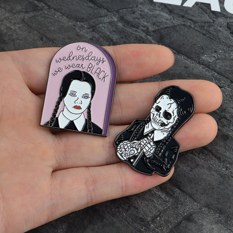 Wholesale Gothic Wednesday Addams Family Campy Skull Enamel Brooch Pin Badge