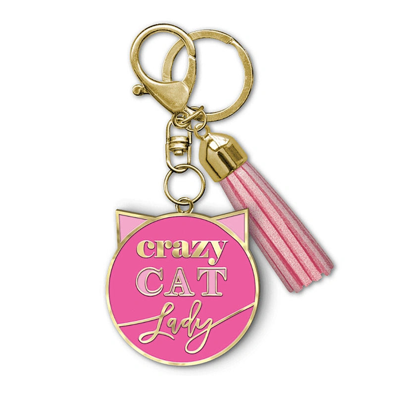 cat lobster clasp gold metal custom enamel keychain with tassel