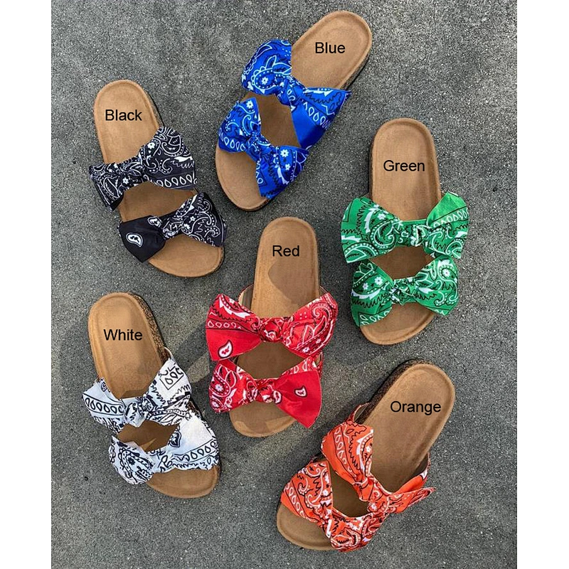 Hot Sale Silk Cloth Bowknot Sandals Slippers Green Colour Bandana Slides Women