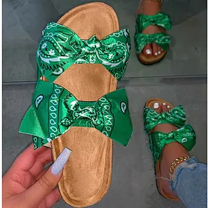 Wholesale In Stock Fashion Summer Slides Slippers Black Silk Cloth Bowknot Bandana Sandals Women