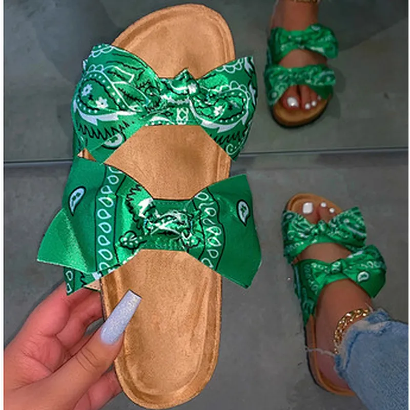 Wholesale In Stock Fashion Summer Slides Slippers Black Silk Cloth Bowknot Bandana Sandals Women