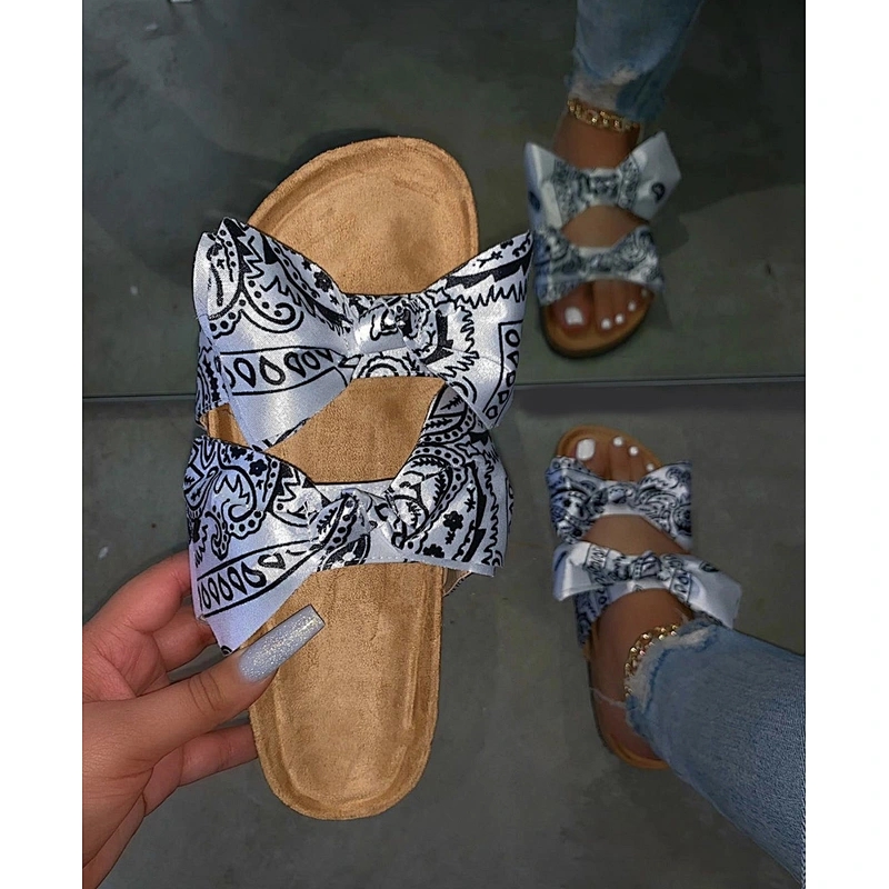 Hot Sale Silk Cloth Bowknot Sandals Slippers Green Colour Bandana Slides Women