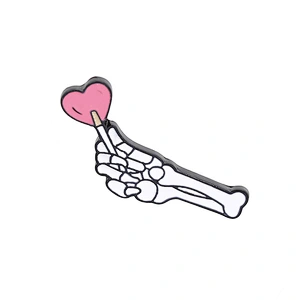 White Skeletal Hand Pin with Pink Heart Lapel Pin Badges