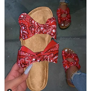 Wholesale In Stock Fashion Summer Slides Slippers Black Silk Cloth Bowknot Bandana Sandals Women
