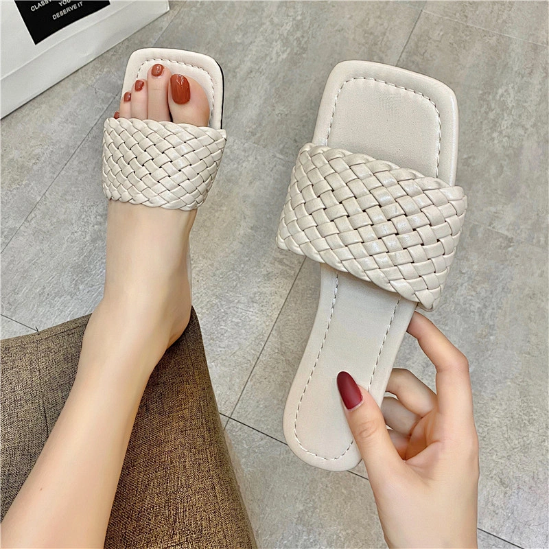 Flat bottom slippers women's knitting summer new fashion square head floor stand wear a word of cool drag and match with Korean