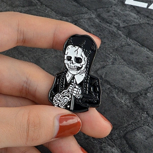 Wholesale Gothic Wednesday Addams Family Campy Skull Enamel Brooch Pin Badge