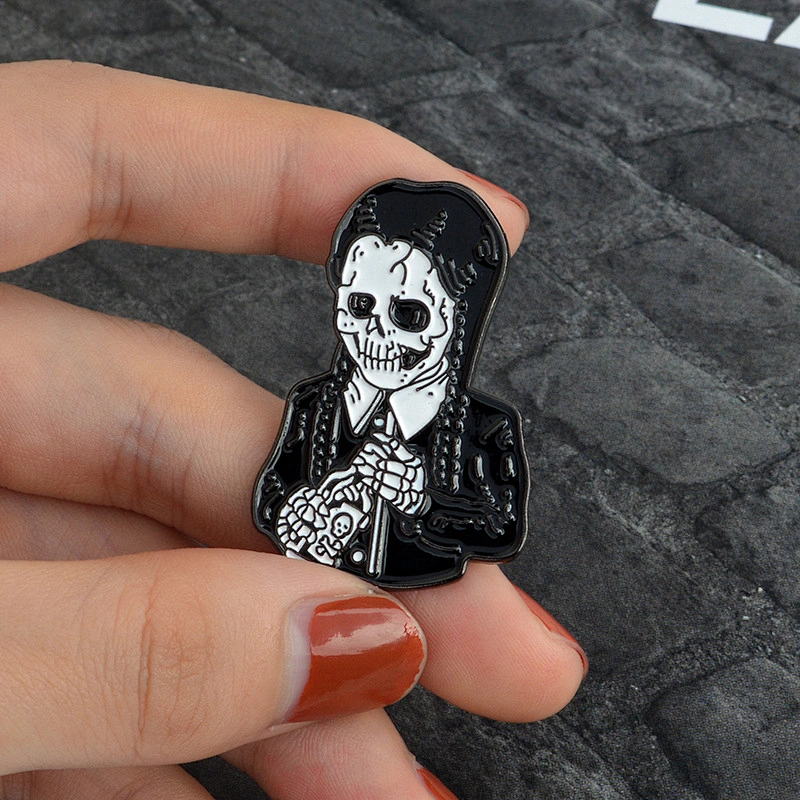 Wholesale Gothic Wednesday Addams Family Campy Skull Enamel Brooch Pin Badge