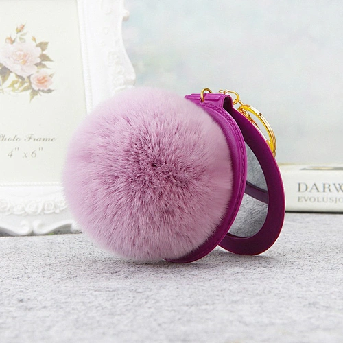 Wholesale Gifts Compact PU Leather with Fur Ball Mirror Keychain