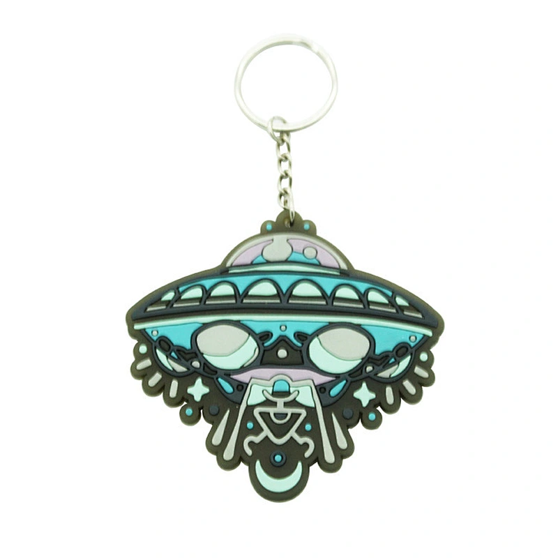 Green color UFO spacecraft custom soft PVC rubber keychain