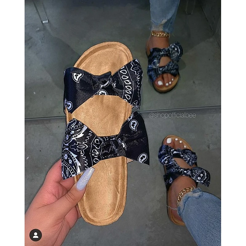 Wholesale In Stock Fashion Summer Slides Slippers Black Silk Cloth Bowknot Bandana Sandals Women