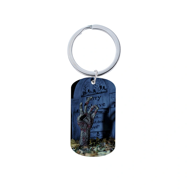 Stainless Steel Keychain Charms with Color Printed Halloween Pattern