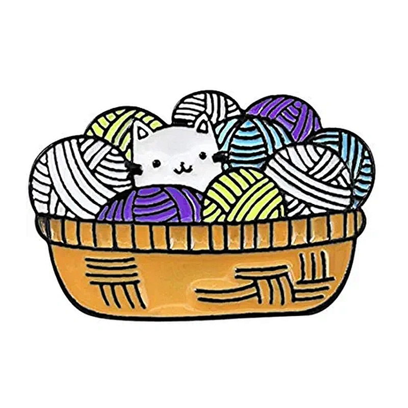 Cute Wool Cat Brooch Yarn Basket Kitten Snuggling Fantasy Yarn Ball Enamel Pin