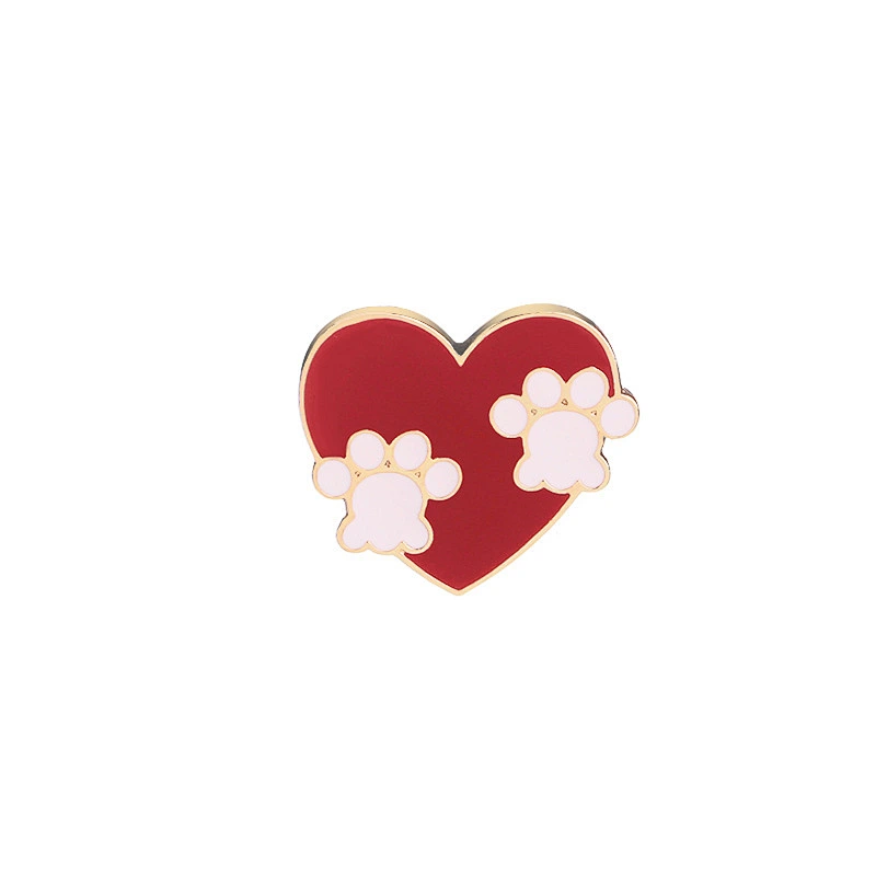 Gold Plating Pink Red Blue Heart Shaped Enamel Pin Badges with Paw