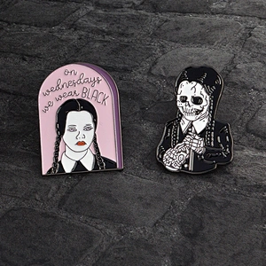 Wholesale Gothic Wednesday Addams Family Campy Skull Enamel Brooch Pin Badge