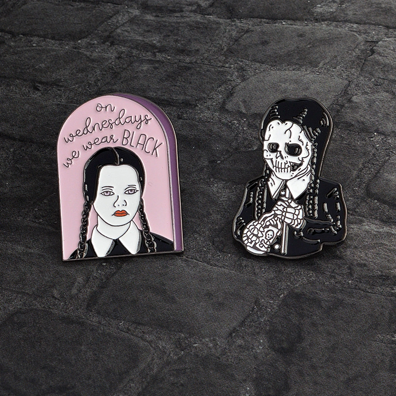 Wholesale Gothic Wednesday Addams Family Campy Skull Enamel Brooch Pin Badge