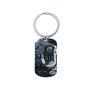Stainless Steel Keychain Charms with Color Printed Halloween Pattern