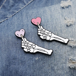 White Skeletal Hand Pin with Pink Heart Lapel Pin Badges