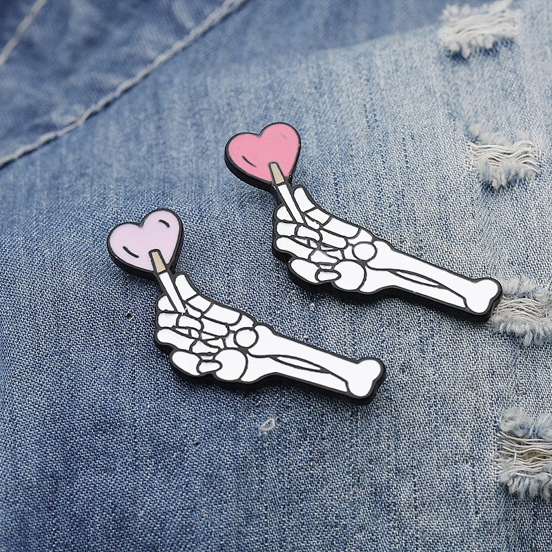 White Skeletal Hand Pin with Pink Heart Lapel Pin Badges