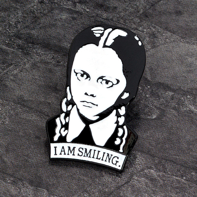 Wholesale Gothic Wednesday Addams I AM SMILING Brooch Badge Custom Black White Girl Soft Enamel Pin