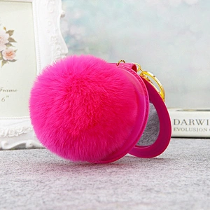 Wholesale Gifts Compact PU Leather with Fur Ball Mirror Keychain