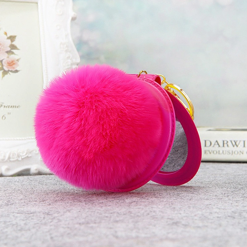 Wholesale Gifts Compact PU Leather with Fur Ball Mirror Keychain