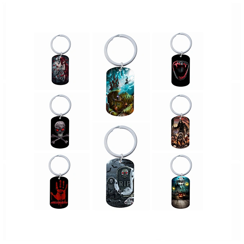 Stainless Steel Keychain Charms with Color Printed Halloween Pattern
