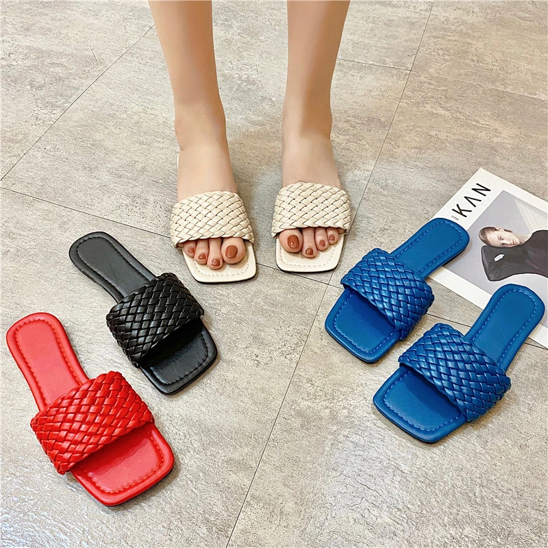 Flat bottom slippers women's knitting summer new fashion square head floor stand wear a word of cool drag and match with Korean