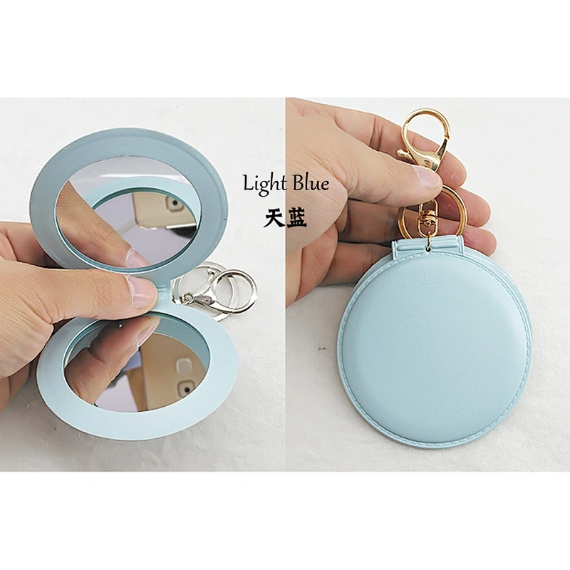 Wholesale In Stock Custom Logo PVC Leather Mirror Keychain Portable Pink Colour Pocket Mirror Keyring