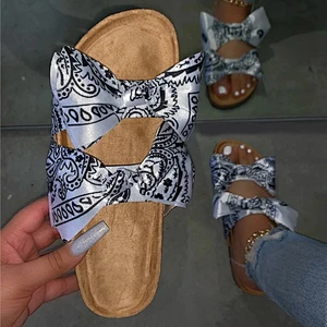 Hot Sale Fashion Silk Cloth Sandals White Colour Bowknot Bandana Slides for Women Lady Girl