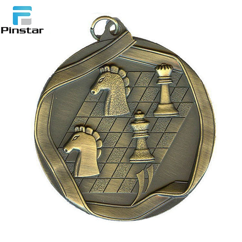 China Supplier 3D Antique Bronze Chess Award Medal With Black And White Ribbon