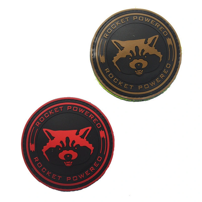 Factory custom 3d pvc raccoon rocket rubber patch with hook and loop