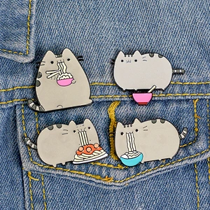 Cute Design Cat Eating Noodles Enamel Lapel Pin