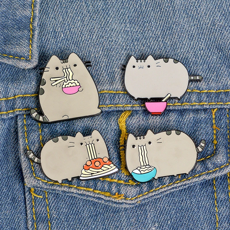 Cute Design Cat Eating Noodles Enamel Lapel Pin