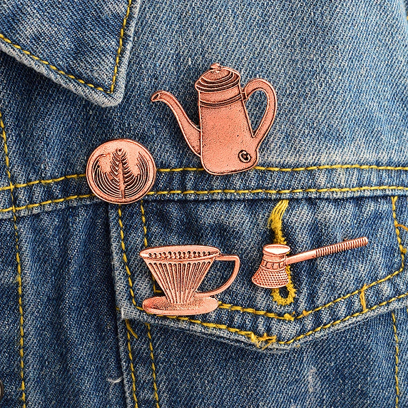 Wholesale In Stock Vintage Coffeepot Bade Antique Copper Metal Coffee Pot Lapel Pin