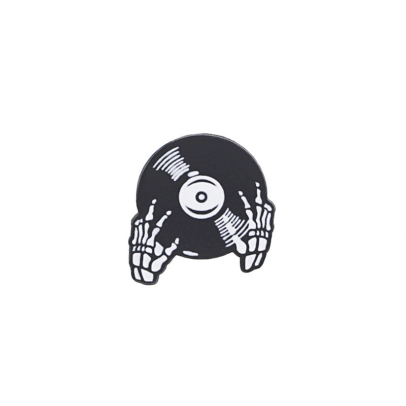 White Skeletal Hand with Black Disc Enamel Lapel Pin Custom