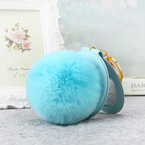 Wholesale Gifts Compact PU Leather with Fur Ball Mirror Keychain